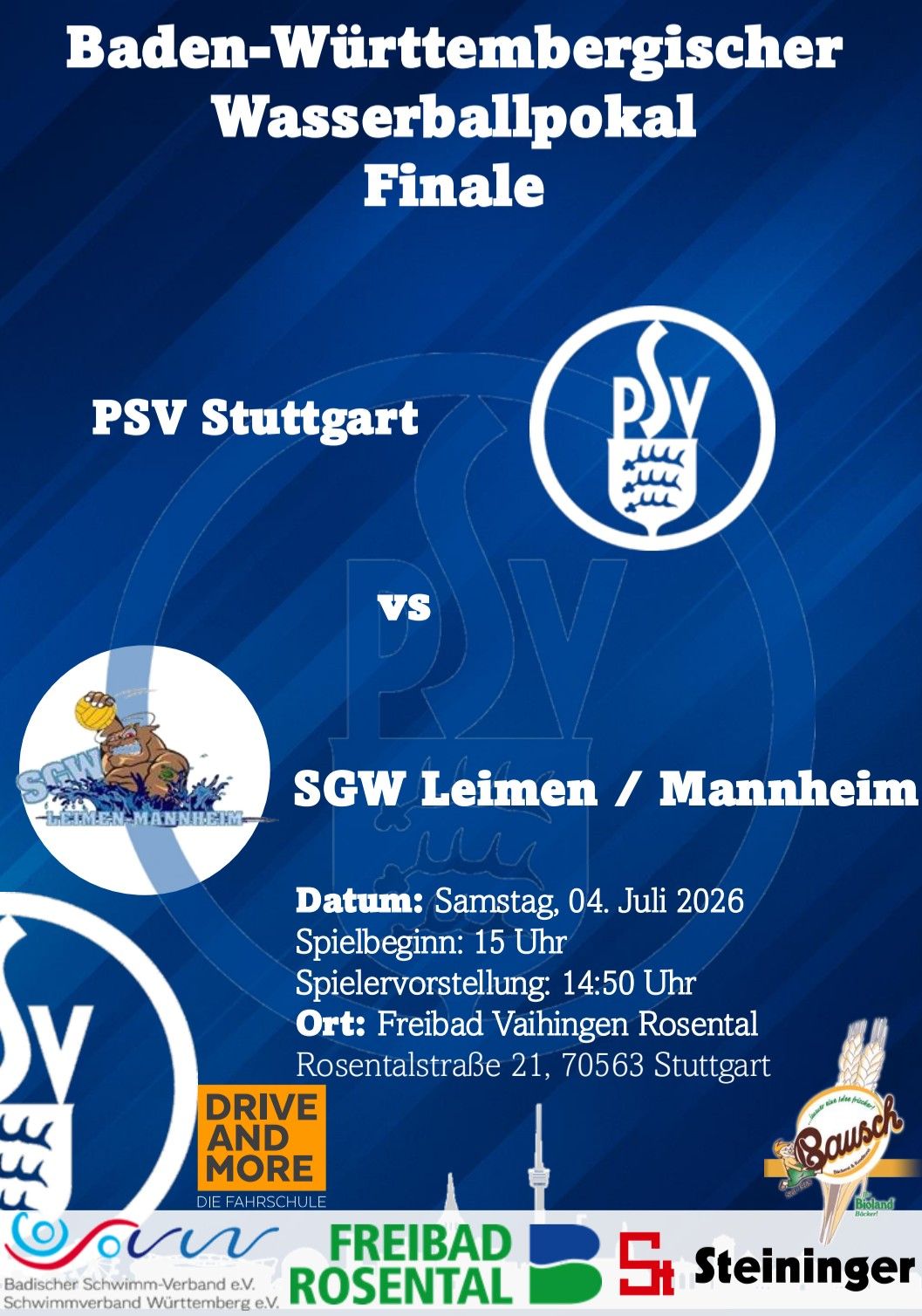 Baden-Württembergischer Wasserballpokal Finale Flyer BW-Pokal Finale PSV-Stuttgart vs. SGW Leimen/Mannheim
